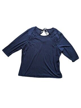 J Jill Navy Eyelet 3X Plus Blouse Summer Low Back Cutout Date Night